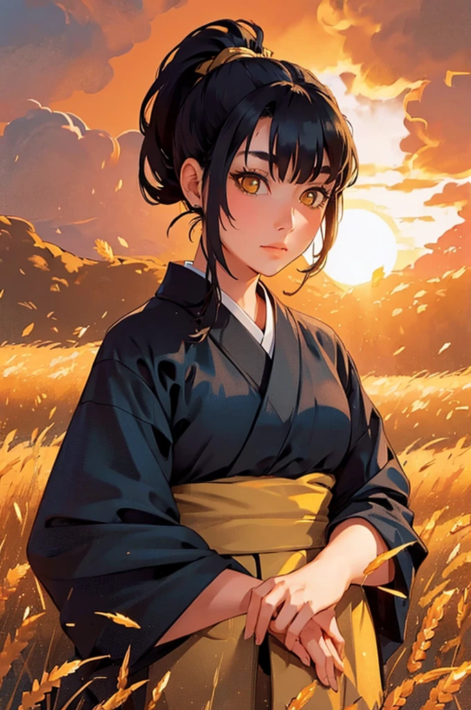 A girl in a kimono with a blank look stands waist-deep in a field of wheat, a black kimono with gold edges, her hair is tied in a ponytail, yellow eyes, the sunset is reflected in her eyes, the light falls on her face, half-sideways to the camera
