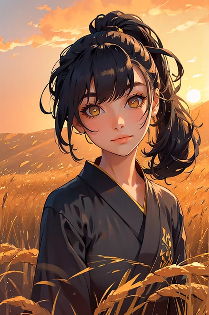 A girl in a kimono with a blank look stands waist-deep in a field of wheat, a black kimono with gold edges, her hair is tied in a ponytail, yellow eyes, the sunset is reflected in her eyes, the light falls on her face, half-sideways to the camera
