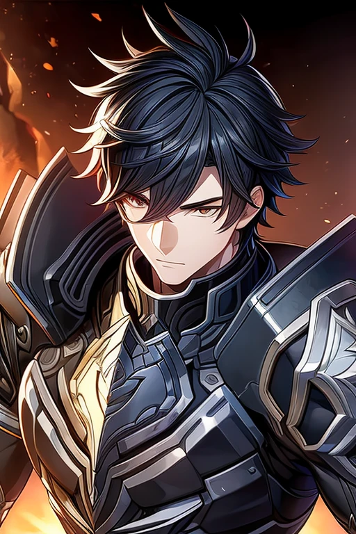 (work of art, best qualityer, face perfect, expressive eyes), Black Knight Armor, black leather cover, details Intricate, black breastplate, a male anime,single character, short black hair with white highlights, barba, visual novel sprite, detailed black armor, high qualiy, cinematic, dramatic pose, details Intricate, swirly vibrant colors, work of art, impacto genshin. 