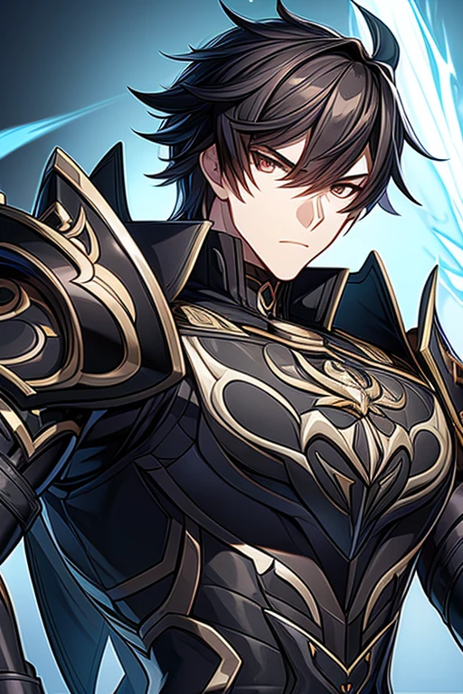 (work of art, best qualityer, face perfect, expressive eyes), Black Knight Armor, black leather cover, details Intricate, black breastplate, a male anime,single character, short black hair with white highlights, barba, visual novel sprite, detailed black armor, high qualiy, cinematic, dramatic pose, details Intricate, swirly vibrant colors, work of art, impacto genshin. 