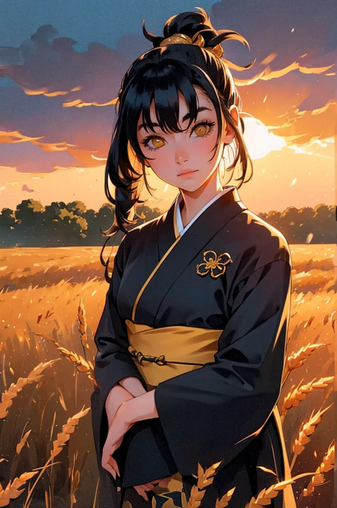 A girl in a kimono with a blank look stands waist-deep in a field of wheat, a black kimono with gold edges, her hair is tied in a ponytail, yellow eyes, the sunset is reflected in her eyes, the light falls on her face, half-sideways to the camera