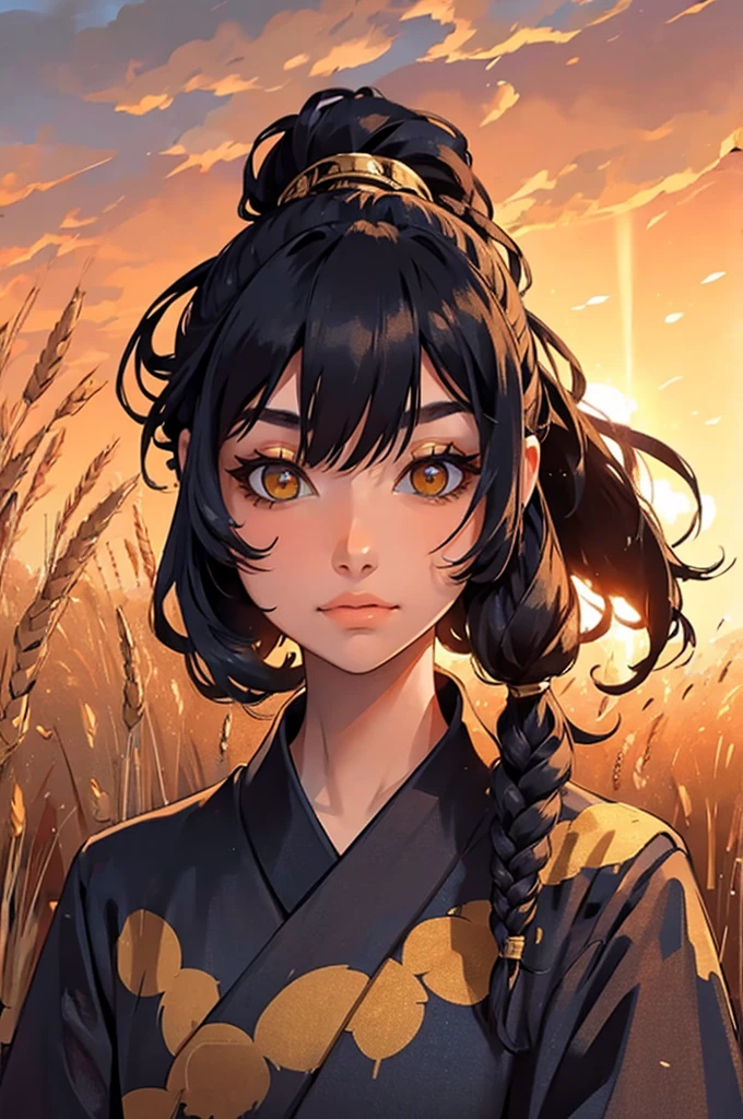 A girl in a kimono with a blank look stands waist-deep in a field of wheat, a black kimono with gold edges, her hair is tied in a ponytail, yellow eyes, the sunset is reflected in her eyes, the light falls on her face, half-sideways to the camera
