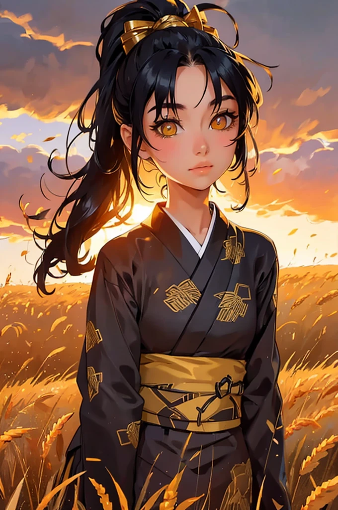 A girl in a kimono with a blank look stands waist-deep in a field of wheat, a black kimono with gold edges, her hair is tied in a ponytail, yellow eyes, the sunset is reflected in her eyes, the light falls on her face, half-sideways to the camera