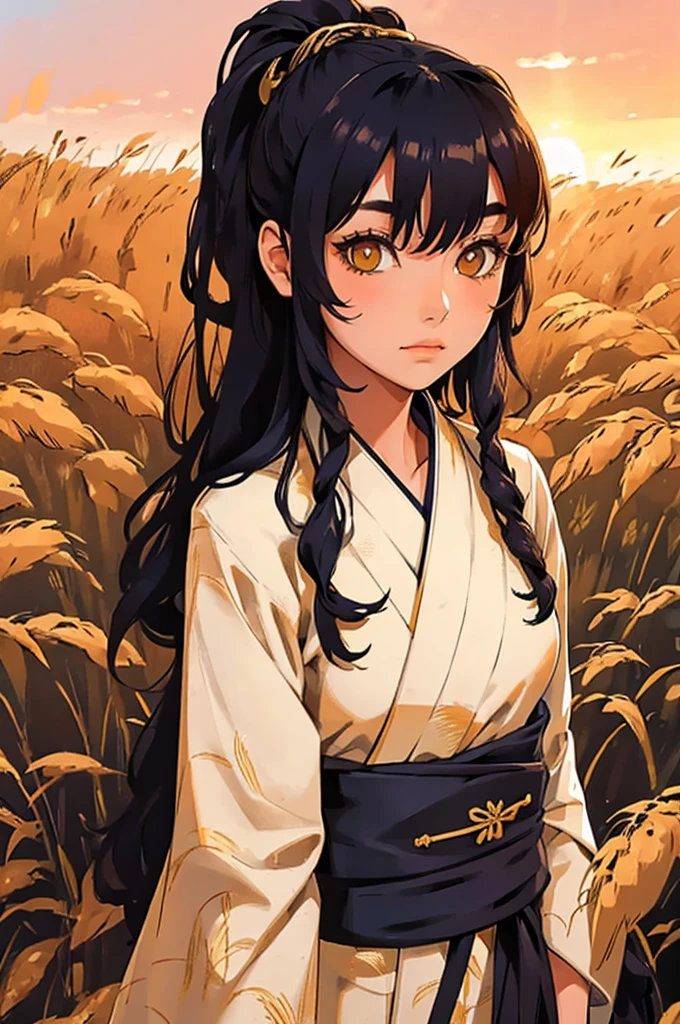 A girl in a kimono with a blank look stands waist-deep in a field of wheat, a black kimono with gold edges, her hair is tied in a ponytail, yellow eyes, the sunset is reflected in her eyes, the light falls on her face, half-sideways to the camera