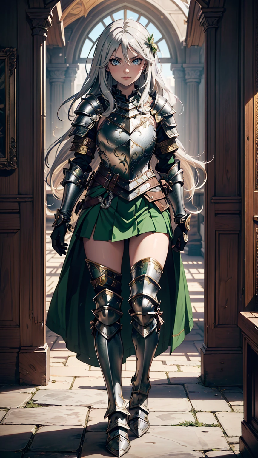 最high quality、Ultra High Definition, Ultra High Quality, Hyper Definition, Hyper Quality, Hyper Detailed, Extremely Detailed, Perfectly Detailed, Best image quality、masterpiece、anime woman((20-year-old、super dynamic pose , Green solid eyes, Silver long Hair、Disheveled Hair、Long White Hair, Glove、Green Skirt, Noble Armor, Smirk, cheerful expression, Detailed Cuirass , Dressed in Full Coverage Noble Plate Armor, leg armor)),high quality、Beautiful art、background((Inside the mansion))、Written boundary depth、 movie、Visual Arts、Perfect art、8K,Genuine、