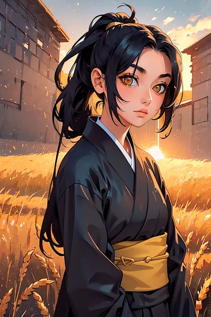 A girl in a kimono with a blank look stands waist-deep in a field of wheat, a black kimono with gold edges, her hair is tied in a ponytail, yellow eyes, the sunset is reflected in her eyes, the light falls on her face, half-sideways to the camera