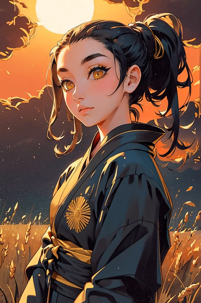 A girl in a kimono with a blank look stands waist-deep in a field of wheat, a black kimono with gold edges, her hair is tied in a ponytail, yellow eyes, the sunset is reflected in her eyes, the light falls on her face, half-sideways to the camera