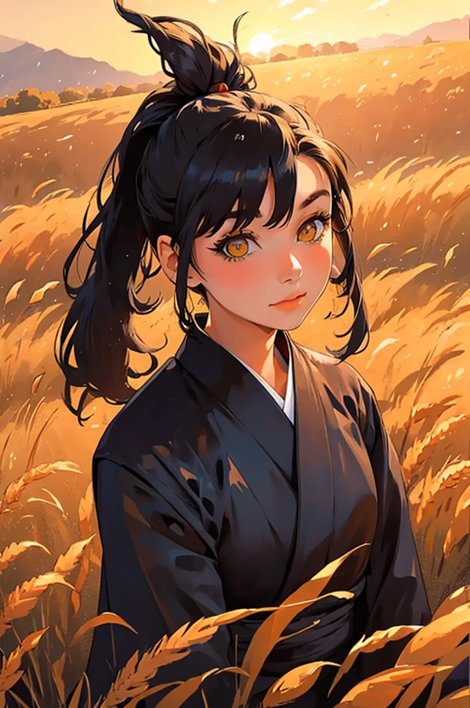 A girl in a kimono with a blank look stands waist-deep in a field of wheat, a black kimono with gold edges, her hair is tied in a ponytail, yellow eyes, the sunset is reflected in her eyes, the light falls on her face, half-sideways to the camera