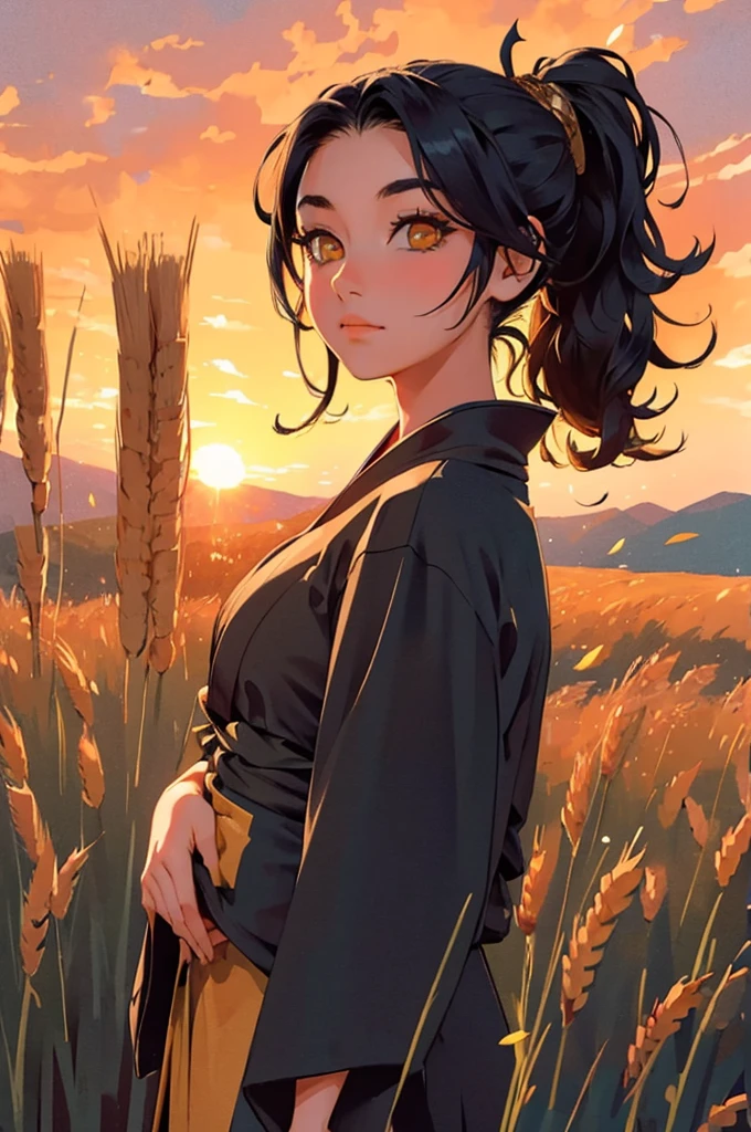A girl in a kimono with a blank look stands waist-deep in a field of wheat, a black kimono with gold edges, her hair is tied in a ponytail, yellow eyes, the sunset is reflected in her eyes, the light falls on her face, half-sideways to the camera