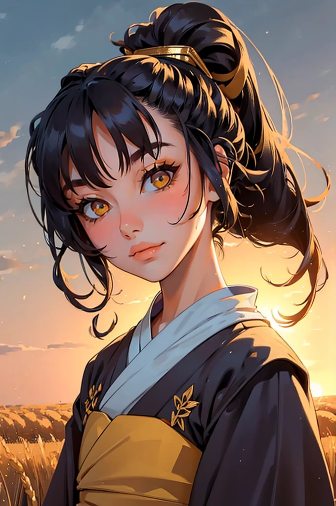 A girl in a kimono with a blank look stands waist-deep in a field of wheat, a black kimono with gold edges, her hair is tied in a ponytail, yellow eyes, the sunset is reflected in her eyes, the light falls on her face, half-sideways to the camera
