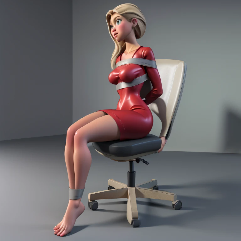 high detailed, masterpiece 1girl cartoon character in a red silk dress, detailed green eyes, blonde hair, perfect hands, big breast, wide hips, thick thighs, ultra realistic digital art, a 3D render, photorealism, clean scene, grey background, grey wall, shinny floor, grey floor, sit tied to a chair, barefoot
