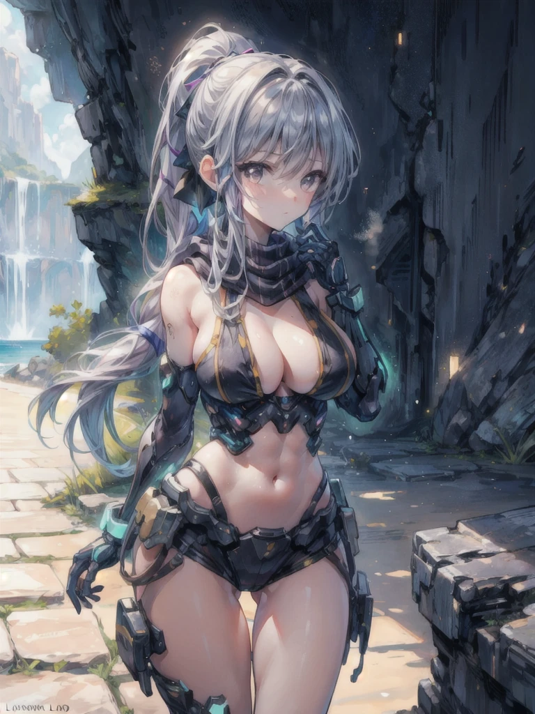 (masterpiece, highest quality, Perfect Anatomy, Fabric Shading, Glowing Skin, Detailed skin,) BREAK,
(clair lasbard, long ponytail,long ponytail, hair ribbon, striped scarf. large breasts, Cleavage), BREAK,
(cybgirlsav, outfit, sexy, neon, suit)BREAK,
(looking away, hand on breast:1.2)BREAK,
Cave, ruins background, outdoors, BREAK
