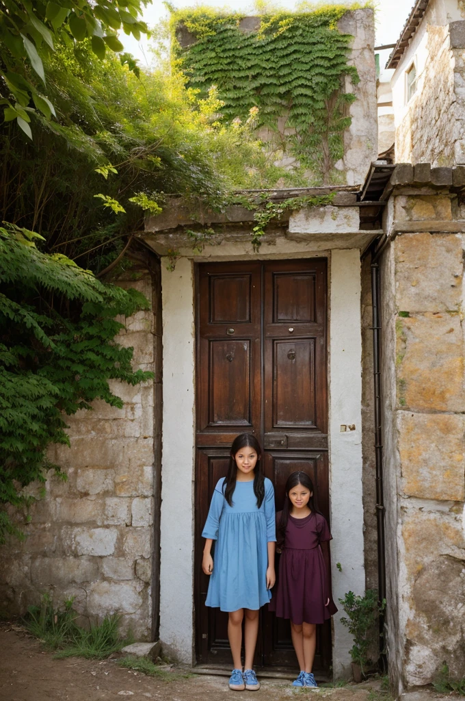 A door on top of the hill. There are three girls standing in front of it.