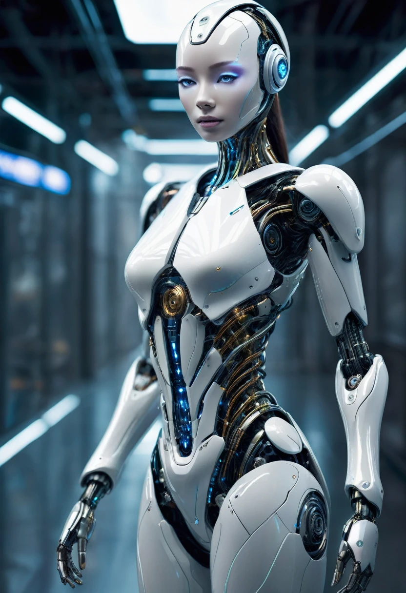 A female AI humanoid robot stands in a futuristic setting, blending human-like features with metallic components. Her skin appears lifelike but reveals intricate circuits and wires. Her body is a seamless integration of organic and inorganic elements, with a metallic exoskeleton covering her torso and wires pulsing across her abdomen. The robot contemplates her existence and the blurred line between humanity and technology, challenging the boundaries of what it means to be human and machine.