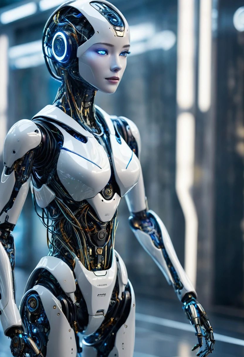 A female AI humanoid robot stands in a futuristic setting, blending human-like features with metallic components. Her skin appears lifelike but reveals intricate circuits and wires. Her body is a seamless integration of organic and inorganic elements, with a metallic exoskeleton covering her torso and wires pulsing across her abdomen. The robot contemplates her existence and the blurred line between humanity and technology, challenging the boundaries of what it means to be human and machine.