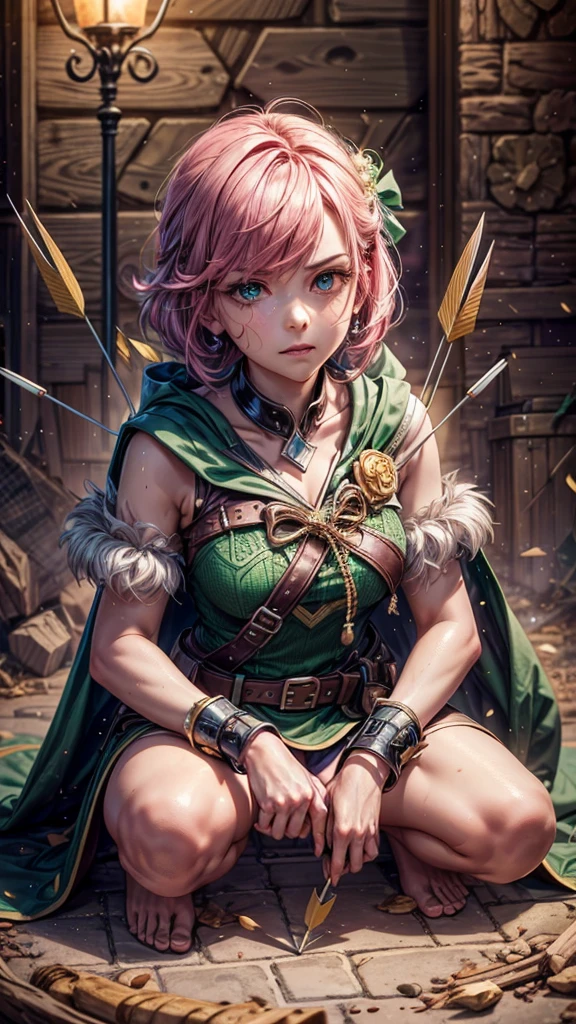 a girl with pink hair in bangs, square cut, determined facial expression, big blue eyes, arrow holder on her back, wearing a green short sleeveless dress, green cape, bare feet, big leather belt, arrows on the ground, bow pose on the floor, sitting on the floor, looking at the camera, highly realistic, Clash Royale character, best quality, best lighting, dynamic point of view