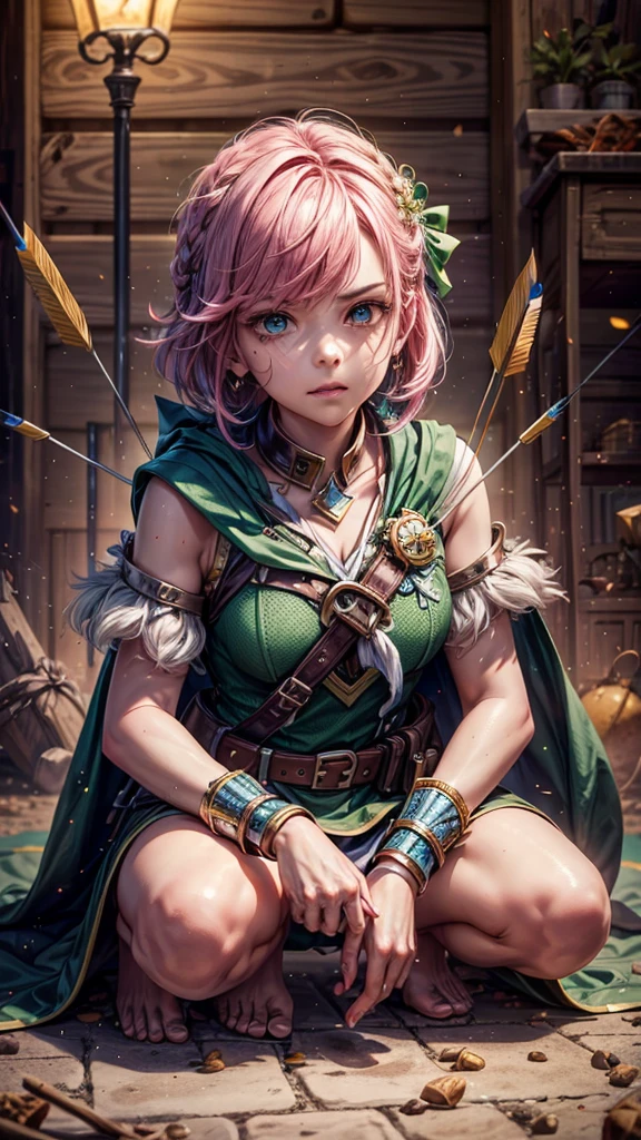 a girl with pink hair in bangs, square cut, determined facial expression, big blue eyes, arrow holder on her back, wearing a green short sleeveless dress, green cape, bare feet, big leather belt, arrows on the ground, bow pose on the floor, sitting on the floor, looking at the camera, highly realistic, Clash Royale character, best quality, best lighting, dynamic point of view