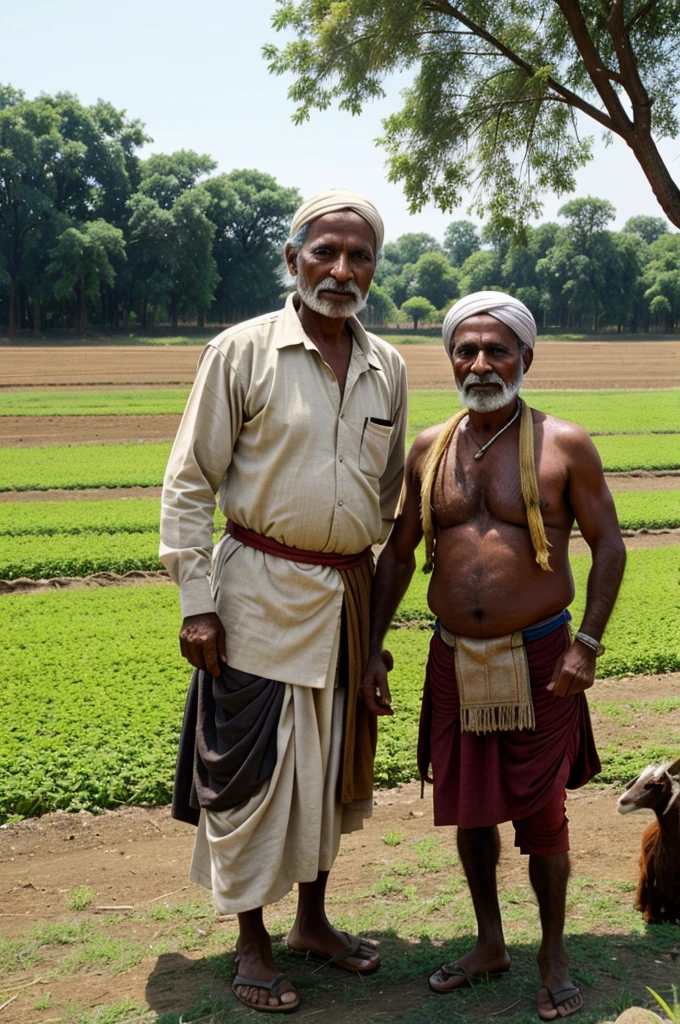 old indian farmer and goat in land