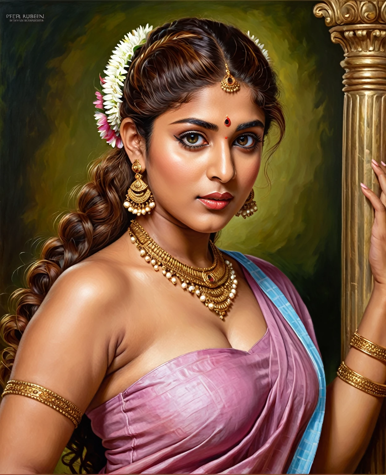 Looks like Nayanthara, exotic Indian art, oviyar maruthi style painting, Masterpiece, Beautiful Thick Woman, Best quality, high clarity eyes, critically flawless,sharp picture, Full portrait, High pixels, perfect face, perfect eyes, beautiful face, perfect hands,perfect fingers, in Peter Paul Rubens style, by Peter Paul Rubens, baroque style, acrylic on canvas, highly detailed, description: "Create a nymph inspired by the tales of Greek or Roman mythology, embodying the essence of a natural element or location, and possessing a unique ability or trait that sets her apart."