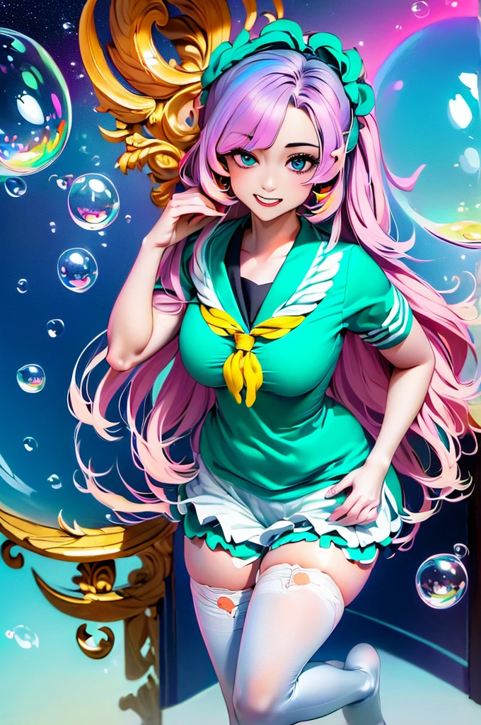(masterpiece), (best quality), (official art, extremely detailed CG unity 8k wallpaper), (highly detailed), ((absurdres)), 1girl, mid shot, (exquisite facial features),(serafuku:1.3) ((sfw)),((clear hands)), ((white thighhighs without shoes)),aqua eyes, color contact lenses, stars in the eyes, (((colorful bubble))), colourful glass, (album cover)