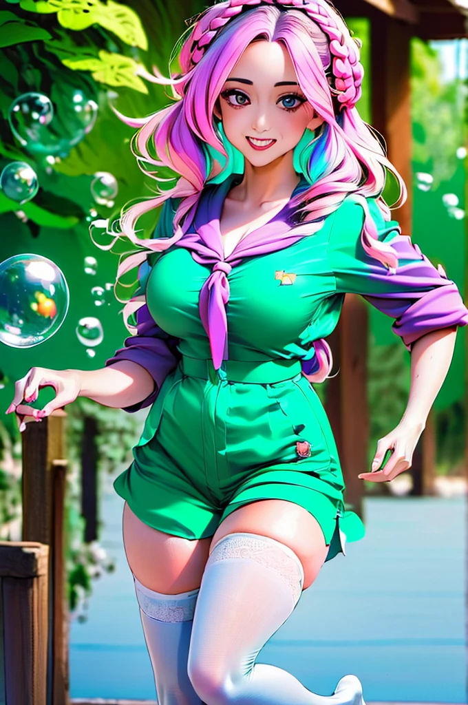 (masterpiece), (best quality), (official art, extremely detailed CG unity 8k wallpaper), (highly detailed), ((absurdres)), 1girl, mid shot, (exquisite facial features),(serafuku:1.3) ((sfw)),((clear hands)), ((white thighhighs without shoes)),aqua eyes, color contact lenses, stars in the eyes, (((colorful bubble))), colourful glass, (album cover)