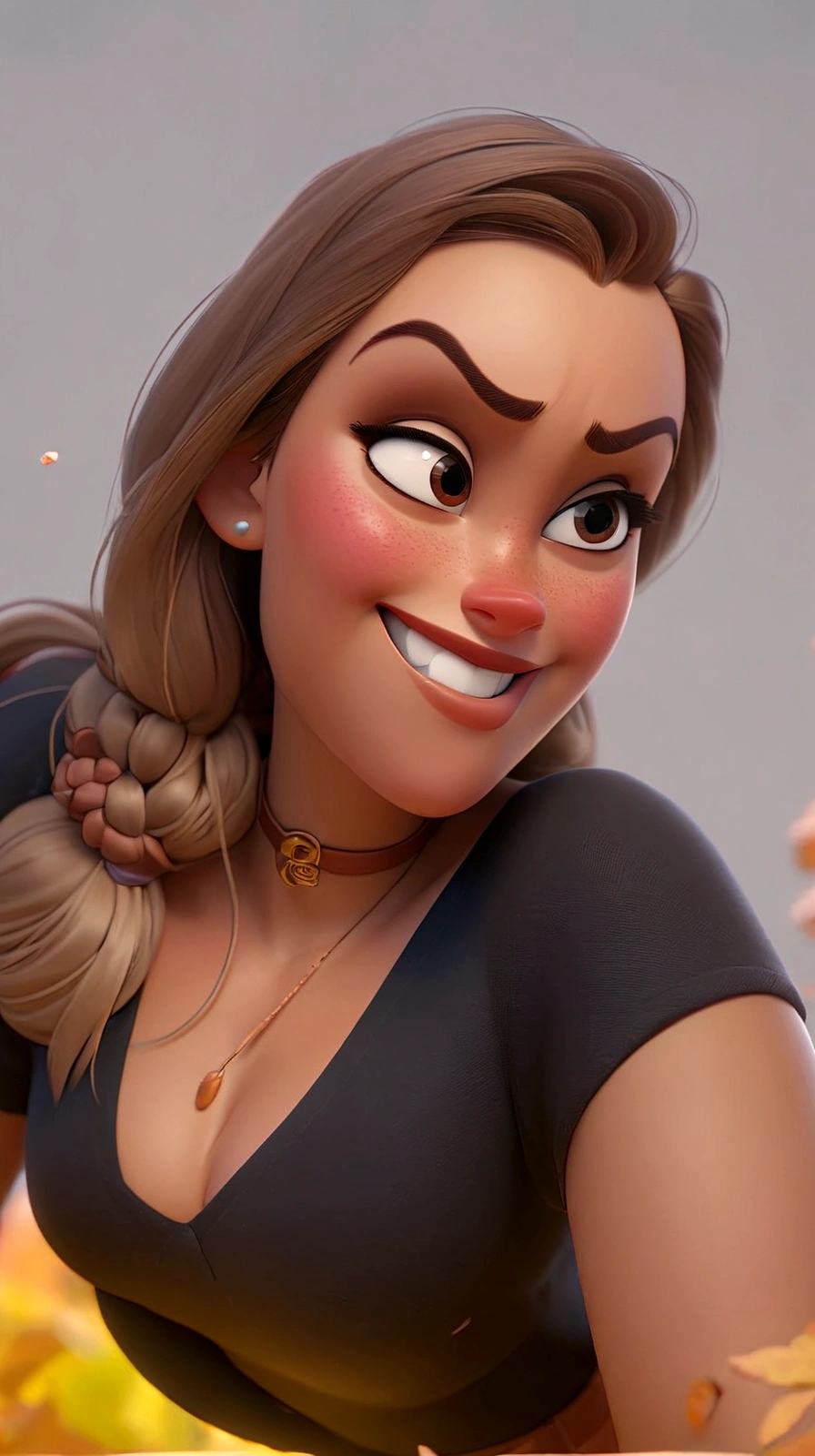 a woman with a, Disney Pixar style A photo from a 3D Disney movie of a woman girl with long, straight blonde hair and blonde highlights. In the Pixar, Disney style, beautiful clear and detailed face, huge brown eyes, adorable. Autumn vibes. Unreal 8k octane rendering engine