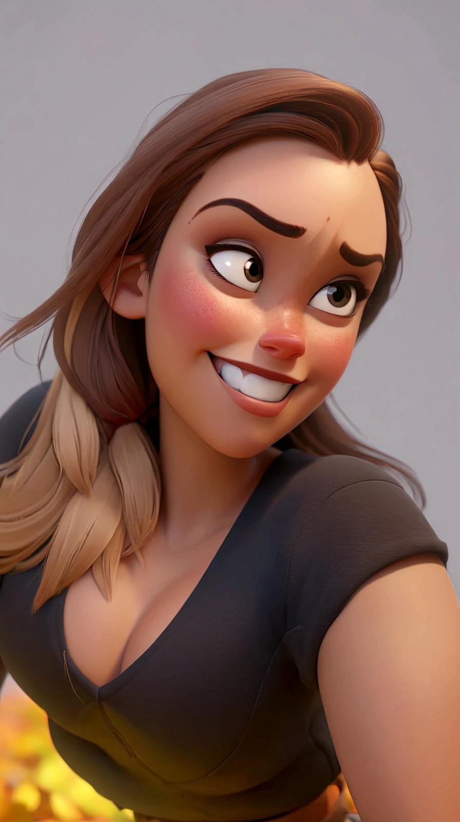 a woman with a, Disney Pixar style A photo from a 3D Disney movie of a woman girl with long, straight blonde hair and blonde highlights. In the Pixar, Disney style, beautiful clear and detailed face, huge brown eyes, adorable. Autumn vibes. Unreal 8k octane rendering engine