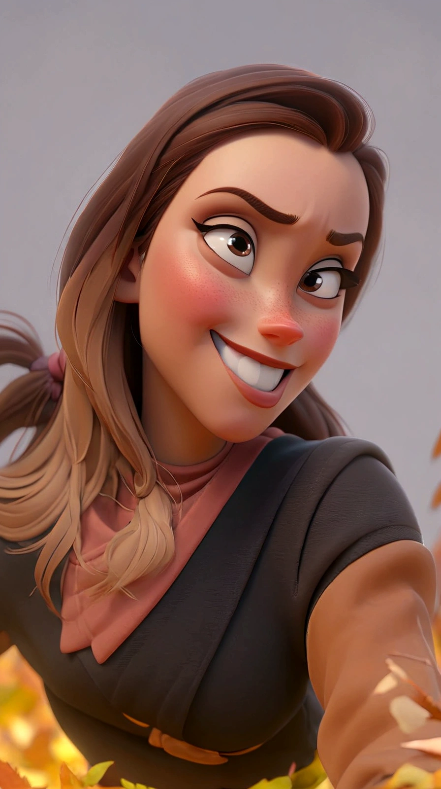 a woman with a, Disney Pixar style A photo from a 3D Disney movie of a woman girl with long, straight blonde hair and blonde highlights. In the Pixar, Disney style, beautiful clear and detailed face, huge brown eyes, adorable. Autumn vibes. Unreal 8k octane rendering engine