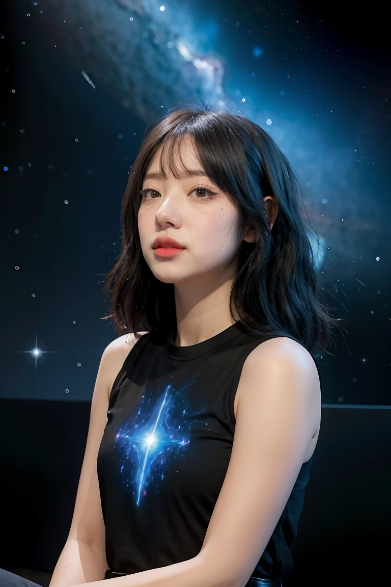 (best quality, masterpiece), 1 girl, posture, particle, , Upper Body, Simple background, looking at the audience, black wild hair, universe, nebula, galaxy