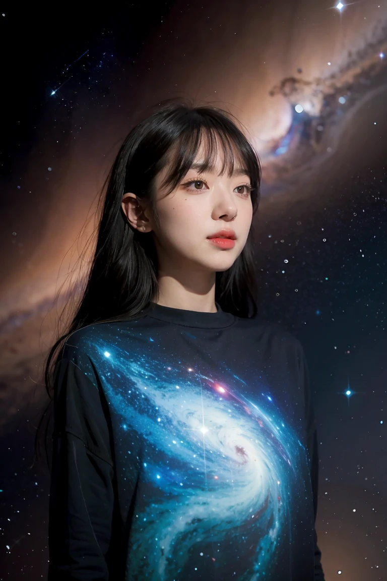 (best quality, masterpiece), 1 girl, posture, particle, , Upper Body, Simple background, looking at the audience, black wild hair, universe, nebula, galaxy