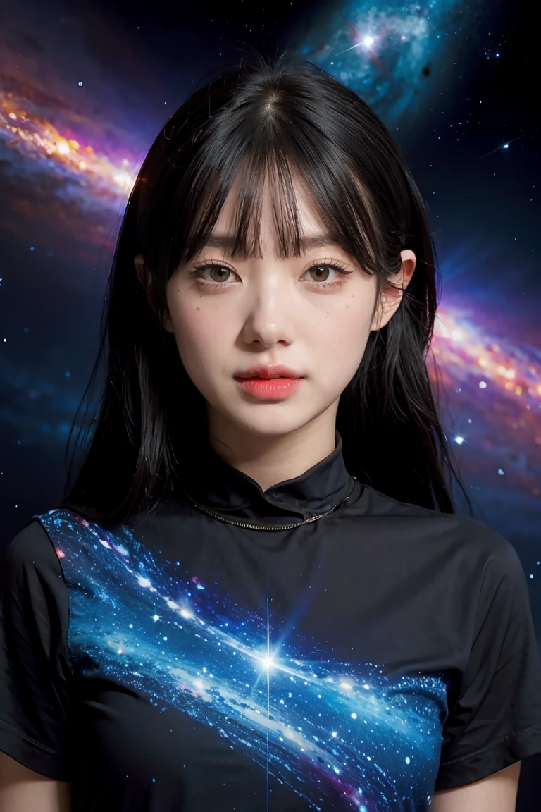 (best quality, masterpiece), 1 girl, posture, particle, , Upper Body, Simple background, looking at the audience, black wild hair, universe, nebula, galaxy