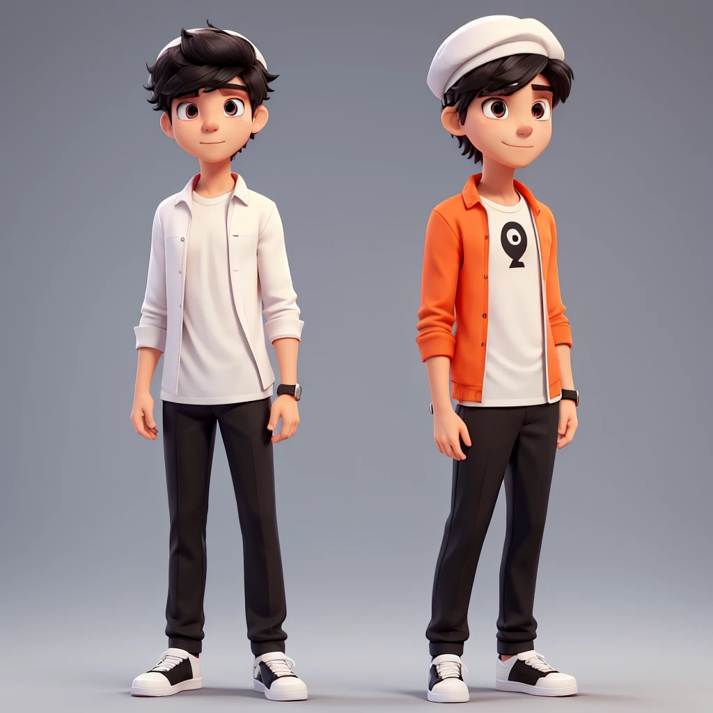  male character, White cap with medium hair ,white MASK, Orange long sleeve blouse, black pants,black sneakers(male character 