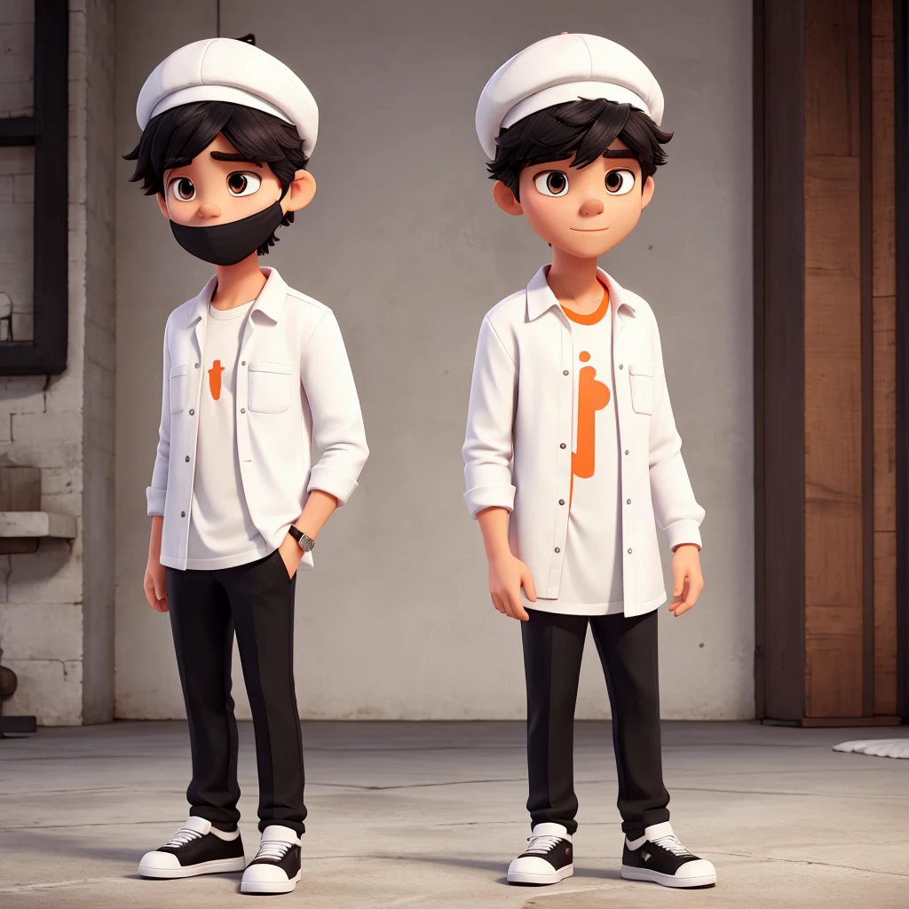 male character, White cap with medium hair ,white MASK, Orange long sleeve blouse, black pants,black sneakers(male character