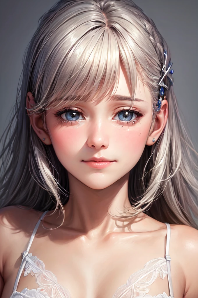 ((Highest quality)), ((masterpiece)), (become close), Perfect Face Frielen white lingerie . Source Hair .Front Grey Hair Clip,Highest quality,Highly detailed photorealistic .From above at an angle .From below .Be embarrassed .Has a face that looks like it's about to cry .So cute and beautiful Our reality, Our reality a girl Because I'm Slim From below From below Spread your legs Frielen Please show me your whole body