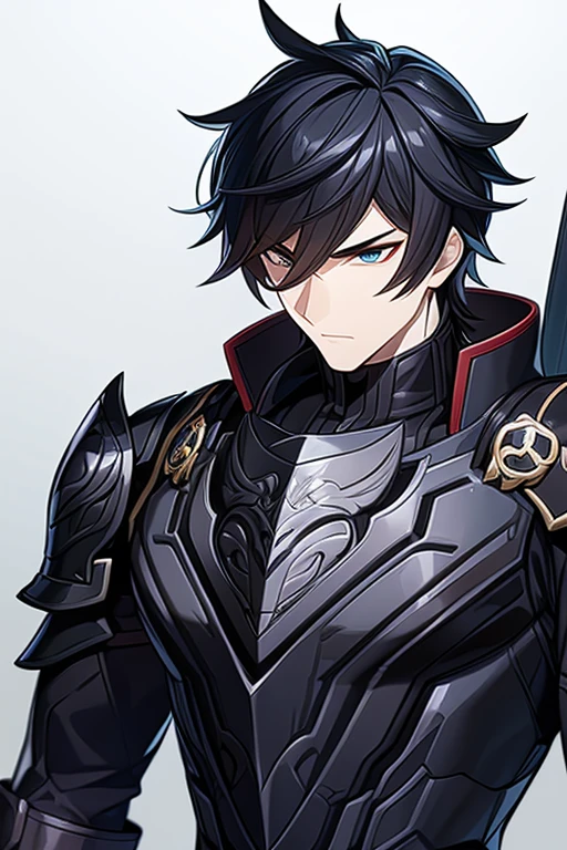 (work of art, best qualityer, face perfect, expressive eyes), Black Knight Armor, black leather cover, details Intricate, black breastplate, a male anime,single character, short black hair with white highlights, barba, visual novel sprite, detailed black armor, high qualiy, cinematic, dramatic pose, details Intricate, swirly vibrant colors, work of art, impacto genshin. 