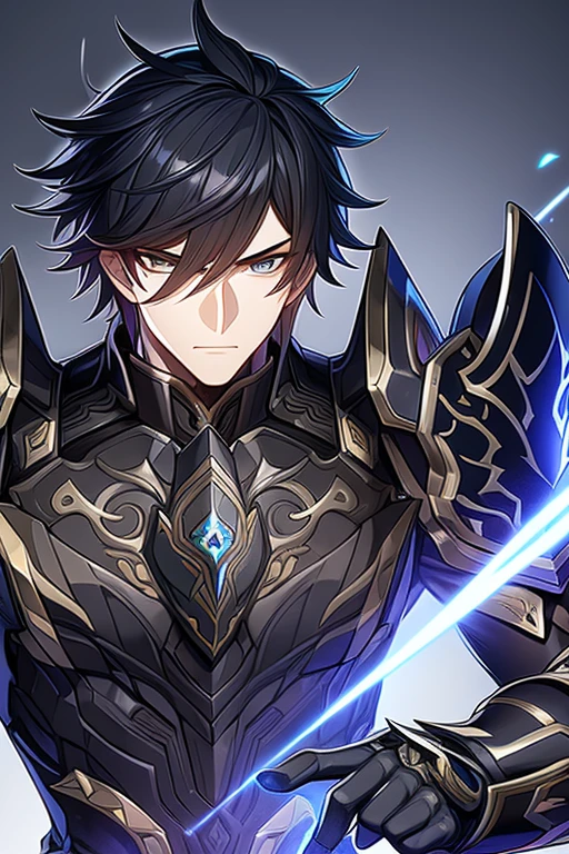 (work of art, best qualityer, face perfect, expressive eyes), Black Knight Armor, black leather cover, details Intricate, black breastplate, a male anime,single character, short black hair with white highlights, barba, visual novel sprite, detailed black armor, high qualiy, cinematic, dramatic pose, details Intricate, swirly vibrant colors, work of art, impacto genshin. 