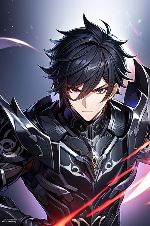 (work of art, best qualityer, face perfect, expressive eyes), Black Knight Armor, black leather cover, details Intricate, black breastplate, a male anime,single character, short black hair with white highlights, barba, visual novel sprite, detailed black armor, high qualiy, cinematic, dramatic pose, details Intricate, swirly vibrant colors, work of art, impacto genshin. 