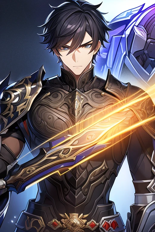 (work of art, best qualityer, face perfect, expressive eyes), Black Knight Armor, black leather cover, details Intricate, black breastplate, a male anime,single character, short black hair with white highlights, barba, visual novel sprite, detailed black armor, high qualiy, cinematic, dramatic pose, details Intricate, swirly vibrant colors, work of art, impacto genshin. 