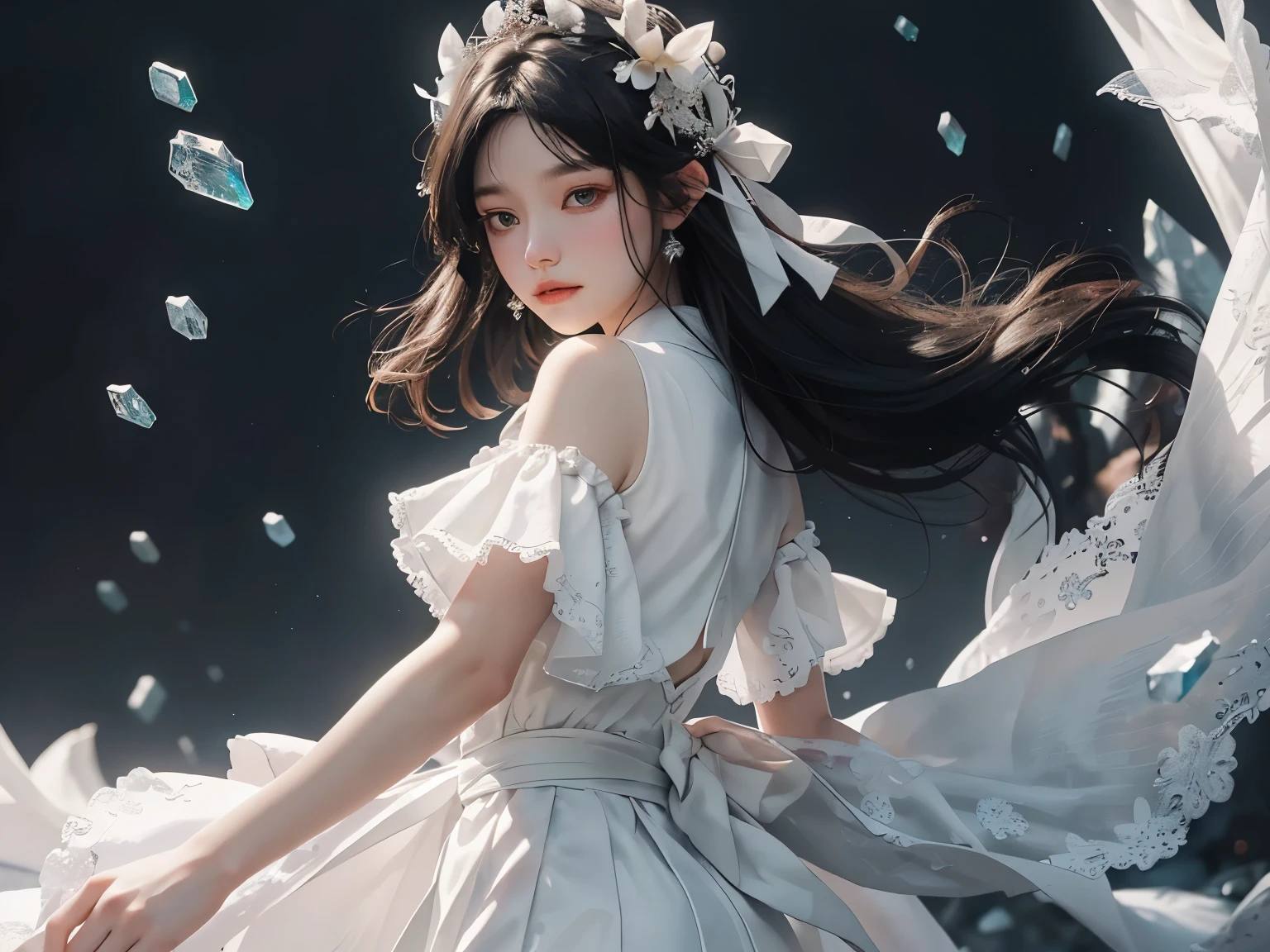 （tmasterpiece，top-quality，optimum，offcial art，sportrait，Seven-point photo，is shy，Beautiful and aesthetic，Long exposure：1.2）， Rear view， white  skirt, White Hanfu, white  skirt, Smooth movement，Charming Patterns， 1 girl，（Long skirt with sleeves：1.3），(((white  clothes)))，upperbody closeup，No shoulders，ChineseGirl，Blushlush，Black lob hair， sportrait，solo，The upper part of the body，Long gray hair，delicate leg，ssmile，facial closeups，ultra-wide-angle，Gaze the observer，detailedbackground，Detailed face，(crystallineAI, crystalline theme:1.1)，Elemental Wind Elves，Swirling wind，Control the wind，White crystal clothes，dynamicposes，particles floating，Ethereal power，whirly，vaporous，Whirlwind in the background，White tones，whirly，Ethereal atmosphere，