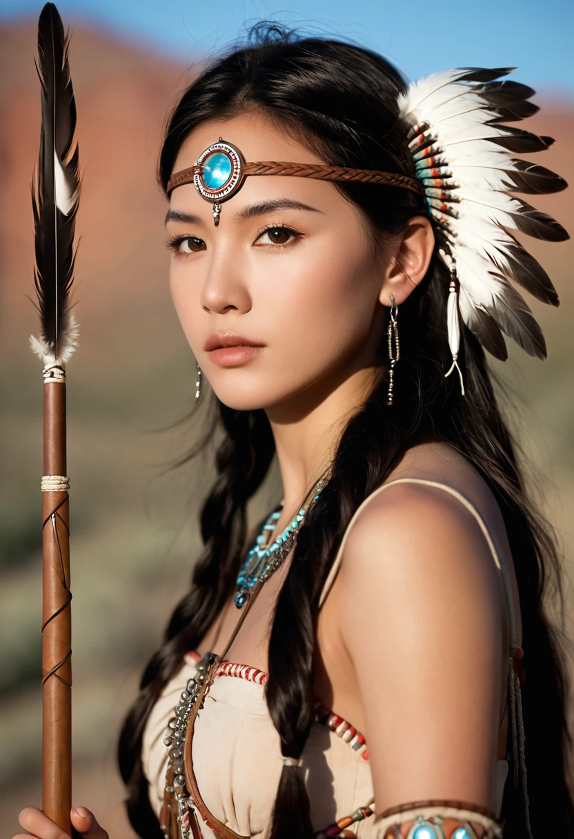 ((Full body image)) Marie Avgeroupolus plays -yeld Poontas, Young beautiful Native American woman, Perfectly symmetrical face shape, Aboriginal feather jewelry, (((((nude))))), Armed female hunter warrior, (((The Wild West))) environment, Utah landscape, Surreal, concept art, elegant, ((Wheels within wheels)), ((Very detailed)), Depth of Field, ((Professional color grading)), Soft ambient lighting, dusk, 8K, Art work：artgerm、greg rutkowski 和 alphonse mucha, vaginal exposure