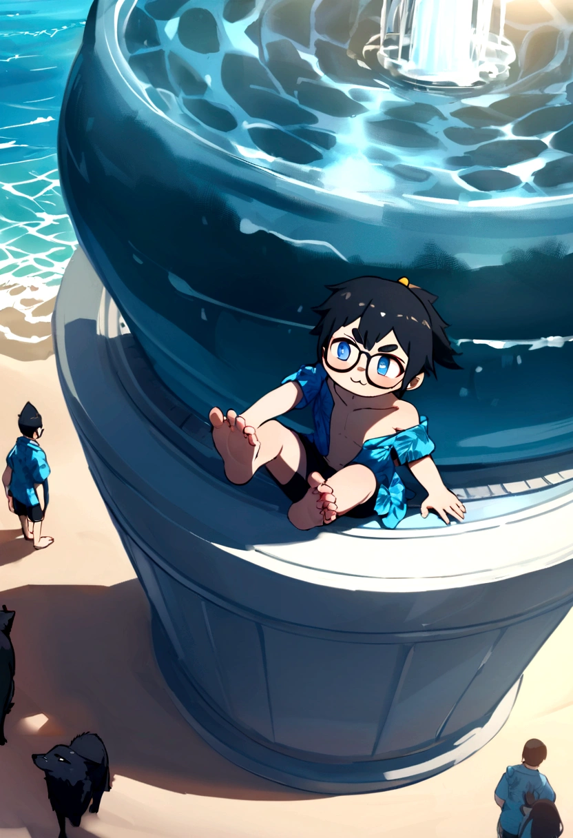 Hairy Shota, wolves, Bblack hair, long, spiky ponytail, blue colored eyes, body detailed fur, ((glasses, Blue Hawaiian shirt, clothes open, a shoulder off, black swim shorts)), looking at another, fangs, light gray body, face detailed, big eyebrows, detailedeyes, body detailed, body detailed fur, detailed hands, shinny body, shinny body, skinny, whole body, feet with three toes, 3 toes, standing alone, beachfront, punctuation_9,punctuation_8_High above,punctuation_7_High above, fountain_animated cartoon, fountain_velues, sitting down, :3, glowing blue colored eyes, From above, motion-blur, Aerial view,