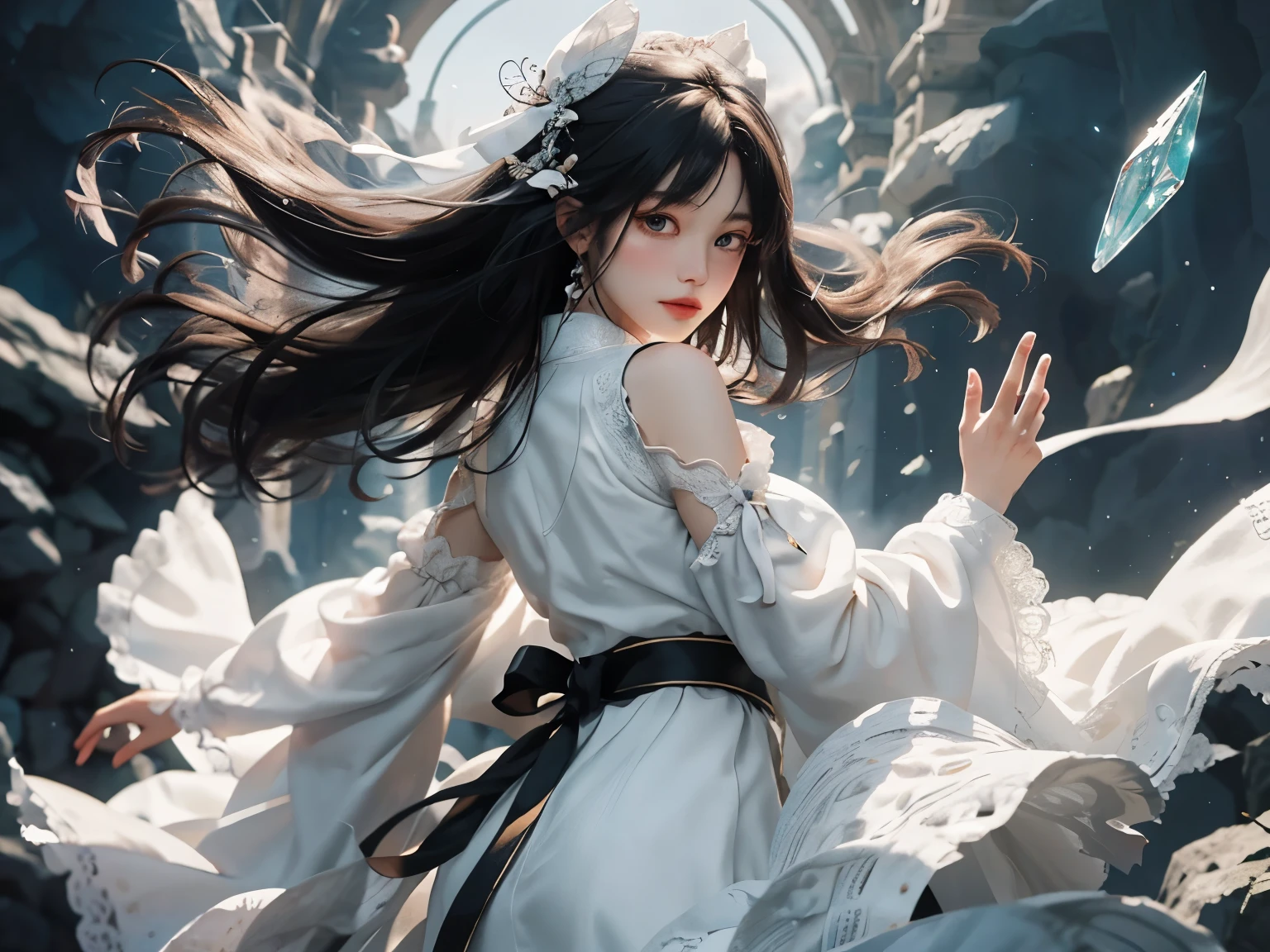 （tmasterpiece，top-quality，optimum，offcial art，sportrait，Seven-point photo，is shy，Beautiful and aesthetic，Long exposure：1.2）， Rear view， white  skirt, White Hanfu, white  skirt, Smooth movement，Charming Patterns， 1 girl，（Long skirt with sleeves：1.3），(((white  clothes)))，upperbody closeup，No shoulders，ChineseGirl，Blushlush，Black lob hair， sportrait，solo，The upper part of the body，Long gray hair，delicate leg，ssmile，facial closeups，ultra-wide-angle，Gaze the observer，detailedbackground，Detailed face，(crystallineAI, crystalline theme:1.1)，Elemental Wind Elves，Swirling wind，Control the wind，White crystal clothes，dynamicposes，particles floating，Ethereal power，whirly，vaporous，Whirlwind in the background，White tones，whirly，Ethereal atmosphere，