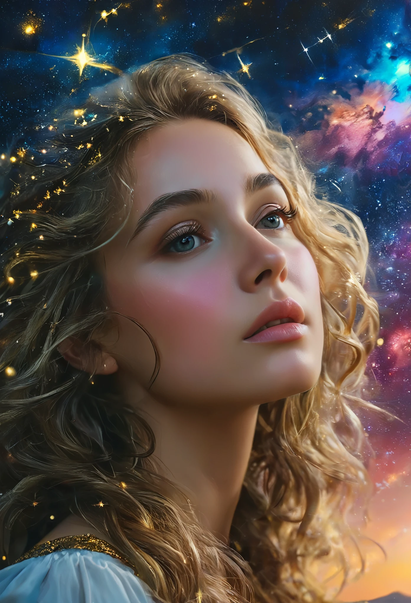 (best quality,4k,8k,highres,masterpiece:1.2), ultra-detailed, (realistic,photorealistic,photo-realistic:1.37),(Numerous award-winning masterpieces, incredibly detailed and textured, maximal resolution and clarity), (Hyper-realistic:1.4)a beautiful girl in the foreground, (She is half French, and is a stunning beauty with detailed eyes and a high nose:1.1), thick eyebrows, detailed facial features, long graceful neck, flowing locks of hair, poised and elegant posture, dreamy atmosphere, Surrealism, mystical aura, Charlie Bowater, 19th-century France, seductive, (detailed landscape of asgard in the background, aurora shining in the sky:1.6), (starry night sky with constellations:1.5), highly detailed, 8k, ultra-detailed, photorealistic, masterpiece, (natural lighting:1.4)