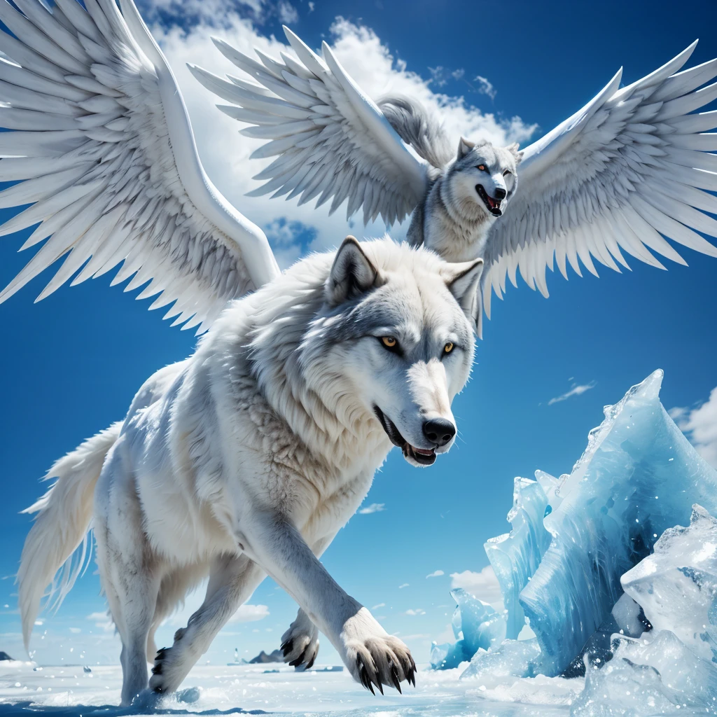 Animal, Lobo branco do Glace gigante com wings nas costas, full body and bright eyes, Wolf, grey, Glace, ice, wings, wings,