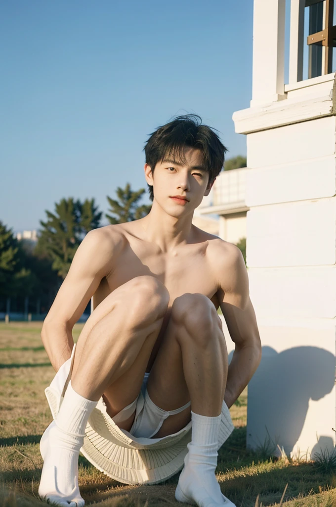 nansheng,1 boy, Solitary, topless, wear white thong underwaer,Socks and feet close-up,Male focus,sky空, outdoor, sky, Practical,Grass, Whole body, show abs,(The best shadow), Wheels within wheels, bright, Lens distortion correction,(The best shadow),Wheels within wheels, bright, Lens distortion correction