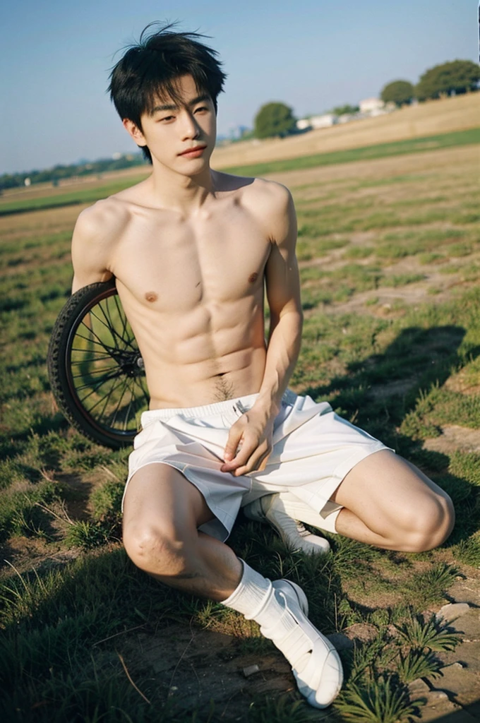 nansheng,1 boy, Solitary, topless,  wear white thong underwaer，Socks and feet close-up，Male focus,sky空, outdoor, sky, Practical,Grass, Whole body, show abs,(The best shadow), Wheels within wheels, bright, Lens distortion correction，(The best shadow),Wheels within wheels, bright, Lens distortion correction