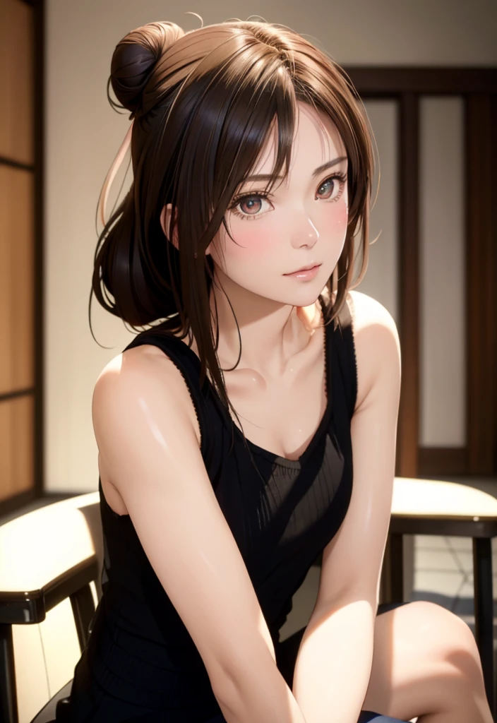 8K,Best Quality, masutepiece, 超A high resolution, (Photorealistic:1.4), Raw photo, (Authentic skin texture:1.3), (Film grain:1.3), (Selfie angle),1girl in, Bun hairstyle, Brown hair, Sitting, Chair, bored, Hand supporting chin, beautiful detailed eyes and face,masutepiece, Best Quality,close-up,upper bod,