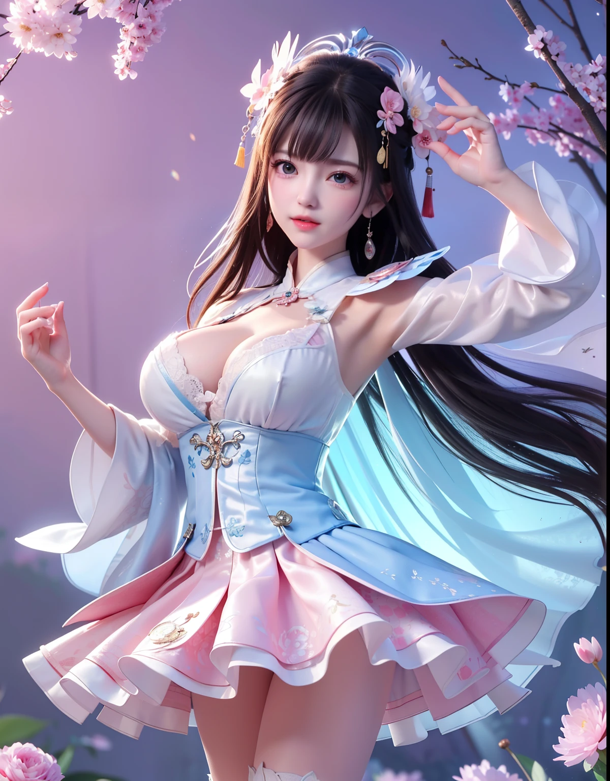 (8k, RAW photo:1.2), best quality, ultra high res,dramatic angle,(fluttered detailed color splashs), (illustration),(((1 girl))),(long hair),(rain:0.9), (Headdress:1.4),There is an ancient palace beside the girl,Hanfu,(Key Points),Color ink painting,(Splash of Color),Splash of Color,(((colorful))),(sketch:0.8) , Masterpiece, best quality, beautiful painted, highly detailed,(denoising:0.6),[splash ink],((ink refraction)), (beautiful detailed sky),moon,highly,detaild,(masterpiece, best quality, extremely detailed） CG Unity 8k Wallpaper，masterpiece，best quality，Ultra Detailed），（Lycoris）.shoulder ballet dress open V-chested clothes Thin silk lace dress short skirt , (huge ，cleavage),, white pink, blue ，best qualtiy，tmasterpiece，Ultra-high resolution，（Reality：1.4），RAW photogr，（True skin texture：1.3），（filmgrain：1.3），（Selfie angle），1个Giant Breast Girl，Beautiful eye and face details，tmasterpiece，Best quality at best，，The chest more exposed， detailed hair, bra pink , detail 8k, full body, lace petticoat, fan handle