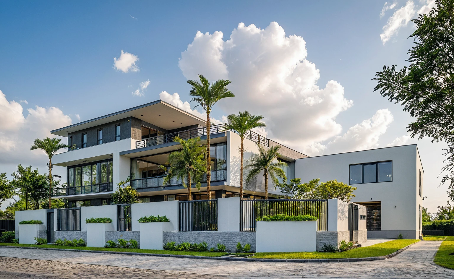 Masterpiece, high quality, best quality, authentic, super detail, outdoors, threestoreyvillaXL, aiaigroup, house style modern on the street, white wall, road, pavement, grass, trees, sky, cloud, (daylight:1.1),