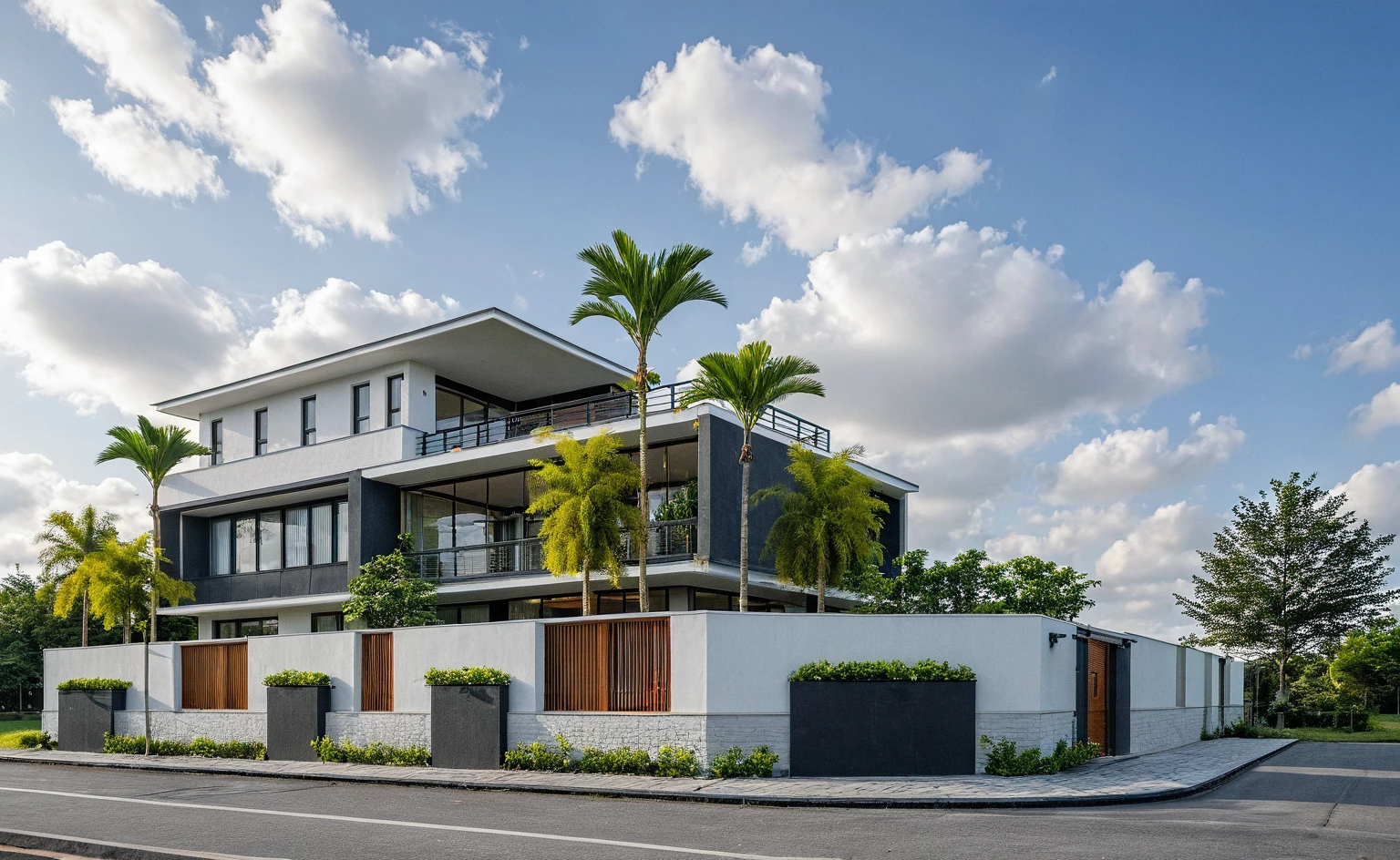Masterpiece, high quality, best quality, authentic, super detail, outdoors, threestoreyvillaXL, aiaigroup, house style modern on the street, white wall, road, pavement, grass, trees, sky, cloud, (daylight:1.1),